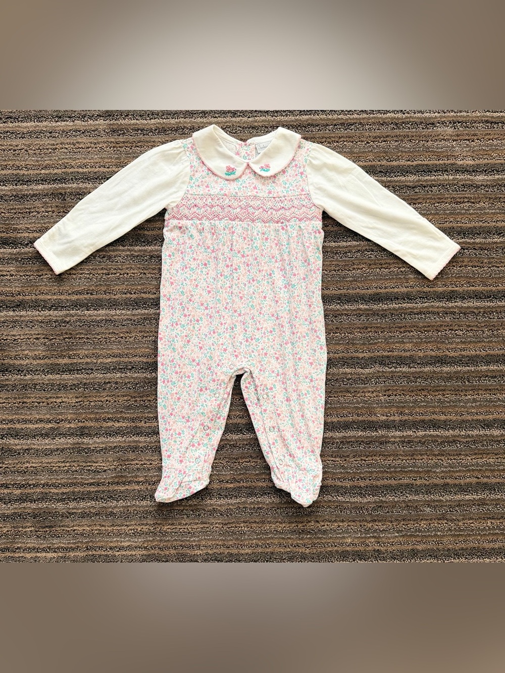 Baby Girl Long-Sleeve Pink Floral Smocked Footie One-Piece